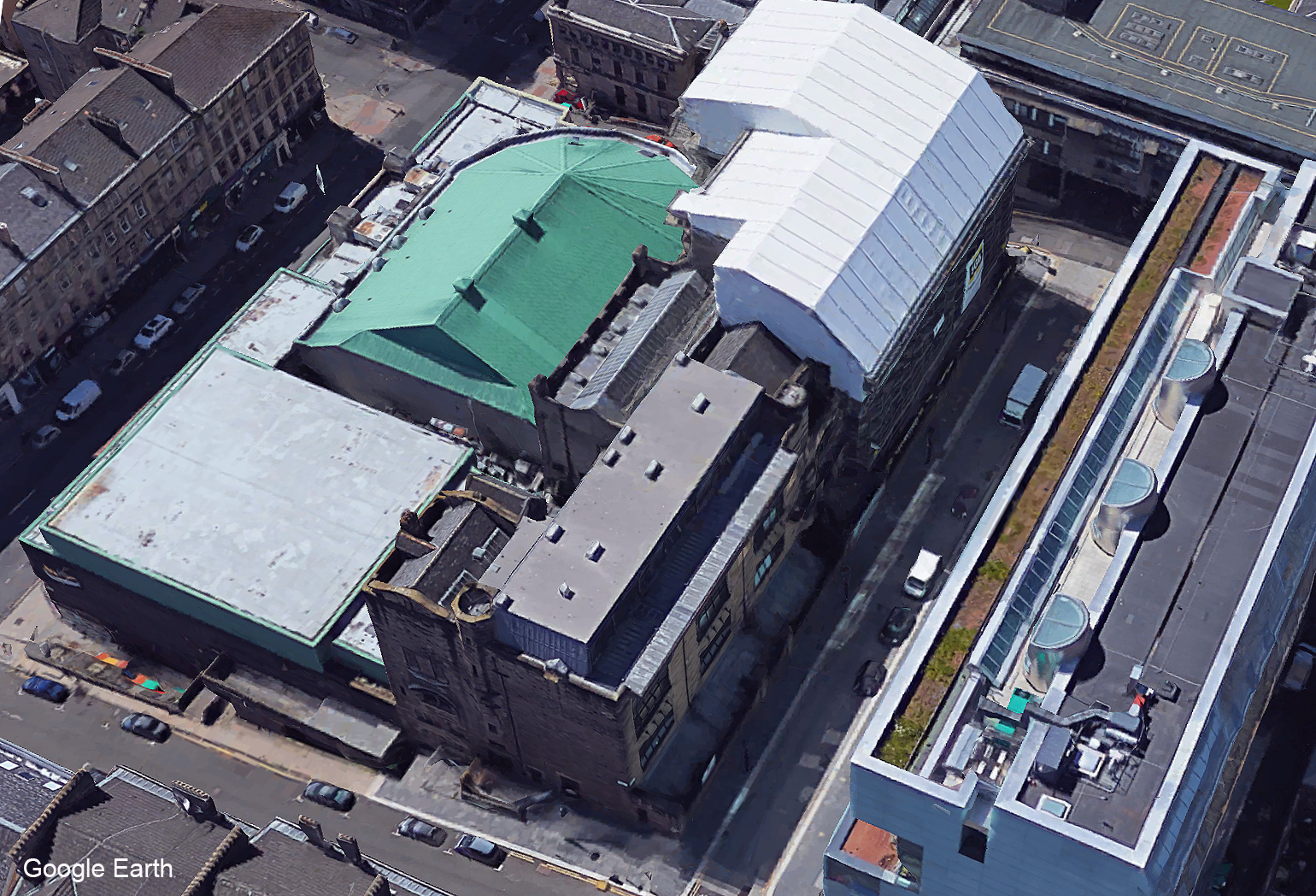 Aerial view of Glasgow School of Art and surrounding buildings before the fire - Google Earth 2018